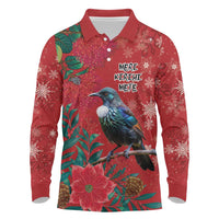 Tui Meri Kirihimete Personalised Long Sleeve Polo Shirt Pohutukawa Flowers Red Motif - Polynesian Pride