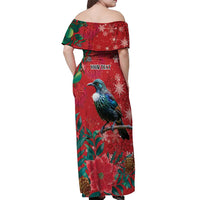 Tui Meri Kirihimete Personalised Off Shoulder Maxi Dress Pohutukawa Flowers Red Motif - Polynesian Pride