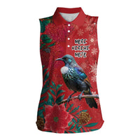 Tui Meri Kirihimete Personalised Women Sleeveless Polo Shirt Pohutukawa Flowers Red Motif - Polynesian Pride