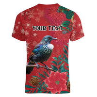 Tui Meri Kirihimete Personalised Women V-Neck T-Shirt Pohutukawa Flowers Red Motif - Polynesian Pride