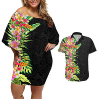 Hawaii Tropical Flowers Tribal Pattern Couples Matching Off Shoulder Short Dress and Hawaiian Shirt No1 LT9 Black - Polynesian Pride
