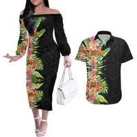 Hawaii Tropical Flowers Tribal Pattern Couples Matching Off The Shoulder Long Sleeve Dress and Hawaiian Shirt No1 LT9 Black - Polynesian Pride