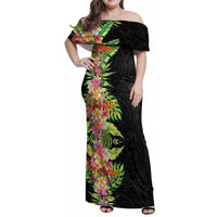 Hawaii Tropical Flowers Tribal Pattern Family Matching Off Shoulder Maxi Dress and Hawaiian Shirt No1 LT9 Mom's Dress Black - Polynesian Pride