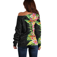Hawaii Tropical Flowers Tribal Pattern Off Shoulder Sweater No1 LT9 - Polynesian Pride