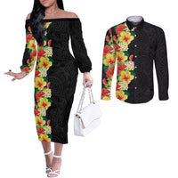 Hawaii Tropical Flowers Tribal Pattern Couples Matching Off The Shoulder Long Sleeve Dress and Long Sleeve Button Shirt No2 LT9 Black - Polynesian Pride