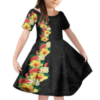 Hawaii Tropical Flowers Tribal Pattern Family Matching Off Shoulder Maxi Dress and Hawaiian Shirt No2 LT9 Daughter's Dress Black - Polynesian Pride