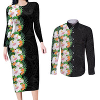 Hawaii Tropical Flowers Tribal Pattern Couples Matching Long Sleeve Bodycon Dress and Long Sleeve Button Shirt No3 LT9 Black - Polynesian Pride