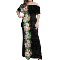 Hawaii Tropical Flowers Tribal Pattern Off Shoulder Maxi Dress No3 LT9 Women Black - Polynesian Pride