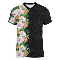 Hawaii Tropical Flowers Tribal Pattern Women V Neck T Shirt No3 LT9 Female Black - Polynesian Pride