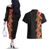Hawaii Tropical Flowers Tribal Pattern Couples Matching Off The Shoulder Long Sleeve Dress and Hawaiian Shirt No4 LT9 - Polynesian Pride