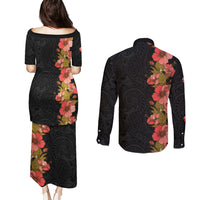 Hawaii Tropical Flowers Tribal Pattern Couples Matching Puletasi and Long Sleeve Button Shirt No4 LT9 - Polynesian Pride