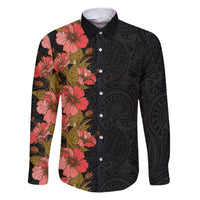 Hawaii Tropical Flowers Tribal Pattern Family Matching Puletasi and Hawaiian Shirt No4 LT9 Dad's Shirt - Long Sleeve Black - Polynesian Pride