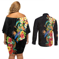 Hawaii Tropical Flowers Tribal Pattern Couples Matching Off Shoulder Short Dress and Long Sleeve Button Shirt No5 LT9 - Polynesian Pride