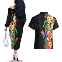 Hawaii Tropical Flowers Tribal Pattern Couples Matching Off The Shoulder Long Sleeve Dress and Hawaiian Shirt No5 LT9 - Polynesian Pride