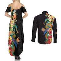 Hawaii Tropical Flowers Tribal Pattern Couples Matching Summer Maxi Dress and Long Sleeve Button Shirt No5 LT9 - Polynesian Pride