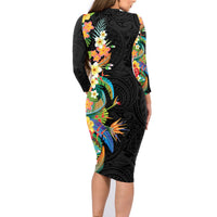 Hawaii Tropical Flowers Tribal Pattern Family Matching Long Sleeve Bodycon Dress and Hawaiian Shirt No5 LT9 - Polynesian Pride
