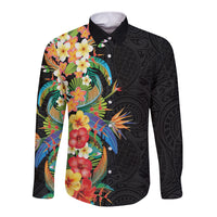 Hawaii Tropical Flowers Tribal Pattern Long Sleeve Button Shirt No5 LT9 Unisex Black - Polynesian Pride