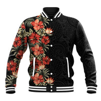 Hawaii Tropical Flowers Tribal Pattern Baseball Jacket No6 LT9 Unisex Black - Polynesian Pride