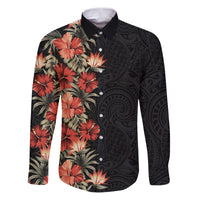 Hawaii Tropical Flowers Tribal Pattern Family Matching Puletasi and Hawaiian Shirt No6 LT9 Dad's Shirt - Long Sleeve Black - Polynesian Pride