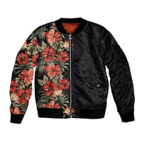 Hawaii Tropical Flowers Tribal Pattern Sleeve Zip Bomber Jacket No6 LT9 Unisex Black - Polynesian Pride