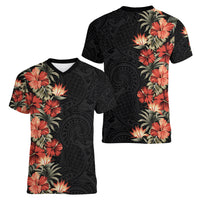Hawaii Tropical Flowers Tribal Pattern Women V Neck T Shirt No6 LT9 - Polynesian Pride