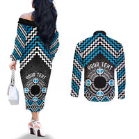 Personalised Aotearoa Niho Taniwha Motif Couples Matching Off The Shoulder Long Sleeve Dress and Long Sleeve Button Shirt Blue Style