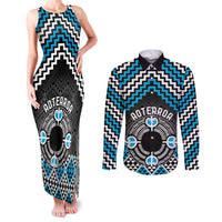 Personalised Aotearoa Niho Taniwha Motif Couples Matching Tank Maxi Dress and Long Sleeve Button Shirt Blue Style