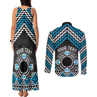 Personalised Aotearoa Niho Taniwha Motif Couples Matching Tank Maxi Dress and Long Sleeve Button Shirt Blue Style
