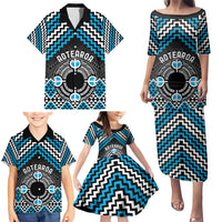Personalised Aotearoa Niho Taniwha Motif Family Matching Puletasi and Hawaiian Shirt Blue Style