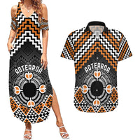 Personalised Aotearoa Niho Taniwha Motif Couples Matching Summer Maxi Dress and Hawaiian Shirt Gold Style