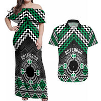 Personalised Aotearoa Niho Taniwha Motif Couples Matching Off Shoulder Maxi Dress and Hawaiian Shirt Green Style