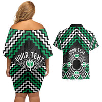 Personalised Aotearoa Niho Taniwha Motif Couples Matching Off Shoulder Short Dress and Hawaiian Shirt Green Style