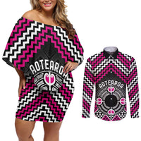 Personalised Aotearoa Niho Taniwha Motif Couples Matching Off Shoulder Short Dress and Long Sleeve Button Shirt Pink Style