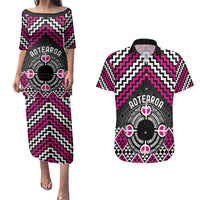 Personalised Aotearoa Niho Taniwha Motif Couples Matching Puletasi and Hawaiian Shirt Pink Style