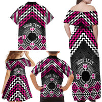 Personalised Aotearoa Niho Taniwha Motif Family Matching Off Shoulder Maxi Dress and Hawaiian Shirt Pink Style