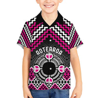 Personalised Aotearoa Niho Taniwha Motif Family Matching Off Shoulder Short Dress and Hawaiian Shirt Pink Style