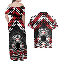 Personalised Aotearoa Niho Taniwha Motif Couples Matching Off Shoulder Maxi Dress and Hawaiian Shirt Red Style