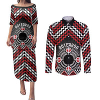 Personalised Aotearoa Niho Taniwha Motif Couples Matching Puletasi and Long Sleeve Button Shirt Red Style LT9 Red - Polynesian Pride