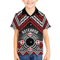 Personalised Aotearoa Niho Taniwha Motif Family Matching Off The Shoulder Long Sleeve Dress and Hawaiian Shirt Red Style