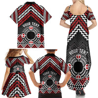 Personalised Aotearoa Niho Taniwha Motif Family Matching Summer Maxi Dress and Hawaiian Shirt Red Style