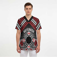 Personalised Aotearoa Niho Taniwha Motif Scrub Top Red Style - Polynesian Pride