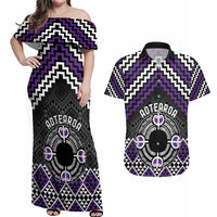 Personalised Aotearoa Niho Taniwha Motif Couples Matching Off Shoulder Maxi Dress and Hawaiian Shirt Violet Style