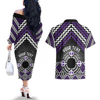 Personalised Aotearoa Niho Taniwha Motif Couples Matching Off The Shoulder Long Sleeve Dress and Hawaiian Shirt Violet Style