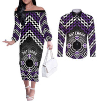 Personalised Aotearoa Niho Taniwha Motif Couples Matching Off The Shoulder Long Sleeve Dress and Long Sleeve Button Shirt Violet Style