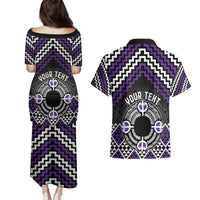 Personalised Aotearoa Niho Taniwha Motif Couples Matching Puletasi and Hawaiian Shirt Violet Style