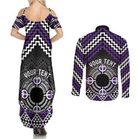 Personalised Aotearoa Niho Taniwha Motif Couples Matching Summer Maxi Dress and Long Sleeve Button Shirt Violet Style