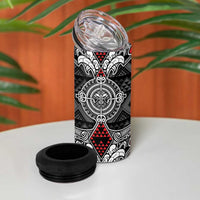 Black Aotearoa Taniko Motif 4 in 1 Can Cooler Tumbler Vintage Maori New Zealand Tribal Art Pattern