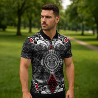 Black Aotearoa Taniko Motif Zipper Polo Shirt Vintage Maori New Zealand Tribal Art Pattern - Polynesian Pride