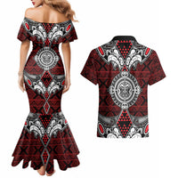 Red Aotearoa Tanilo Motif Couples Matching Mermaid Dress and Hawaiian Shirt Vintage Maori New Zealand Tribal Art Pattern