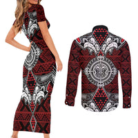 Red Aotearoa Tanilo Motif Couples Matching Short Sleeve Bodycon Dress and Long Sleeve Button Shirt Vintage Maori New Zealand Tribal Art Pattern